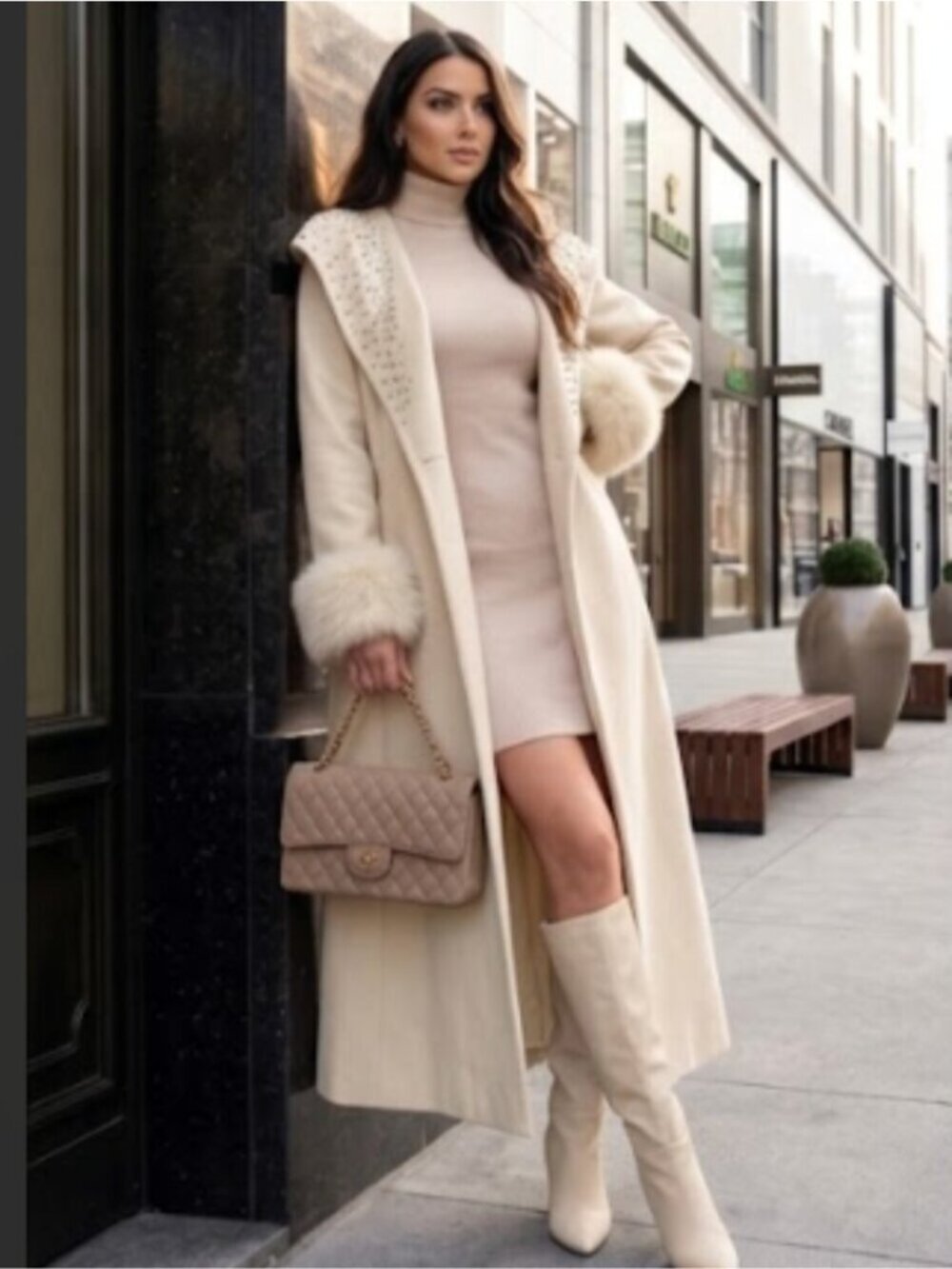 White Faux Fur Trim Long Trench Coat Rhinestone Hooded Tie Belt Wrap Coat